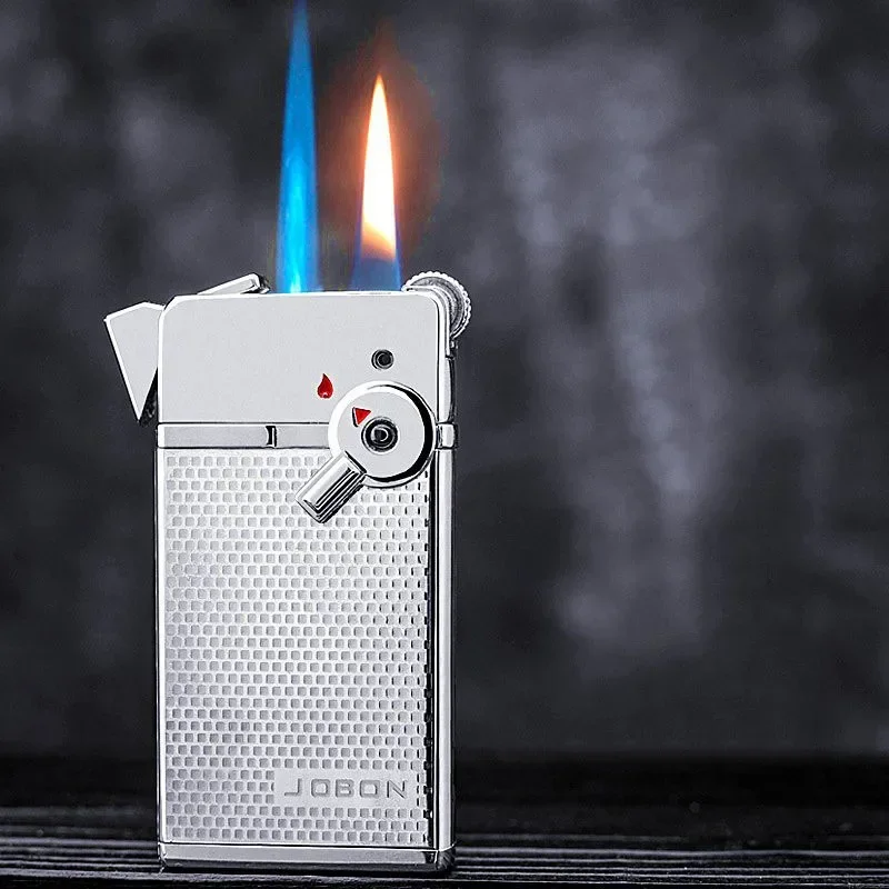 Jobon-Two Flames Windproof Lighter, Blue Jet Flame, Red Flame, Metal Gas, Inflatable Grinding Wheel Lighter, Smoking Gift Box