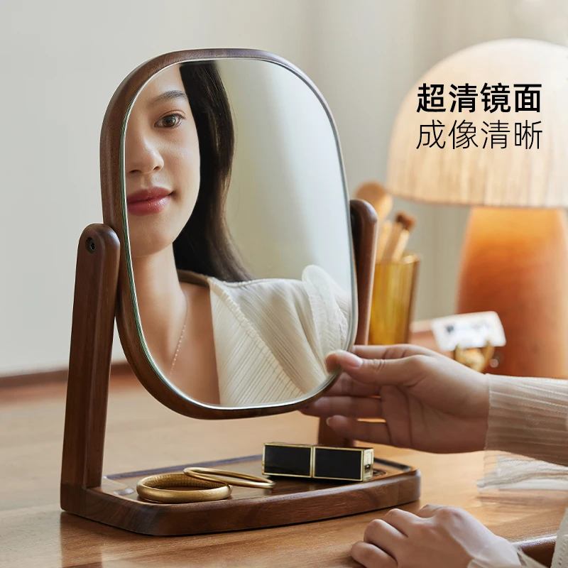 

Simple desktop makeup mirror Solid wood rotating desktop small mirror