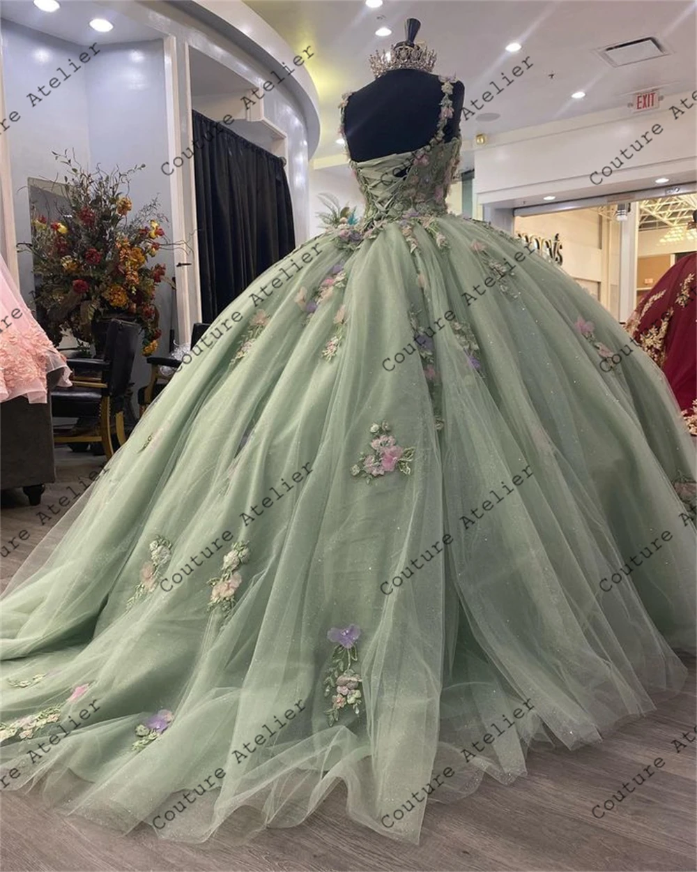 Designer rosa Blumen Salbei grün Spaghetti Quince anera Kleid süß 15 Kleider Ballkleid Brautkleider Vestidos de Quinceañeras