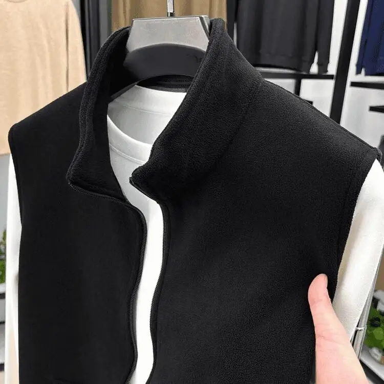 Thickened Double-sided Fleece Stand-up Collar Vest Men's Autumn Winter Warm No-sleeve Tank Top Fashionable Urban Style