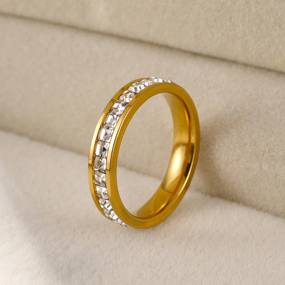 Yupsk 4 Stück/Set goldfarbene Edelstahlringe für Frauen, brillanter Zirkon mit eingelegtem Stapelring, Party, Hochzeit, Schmuck, Geschenke – Detail 7