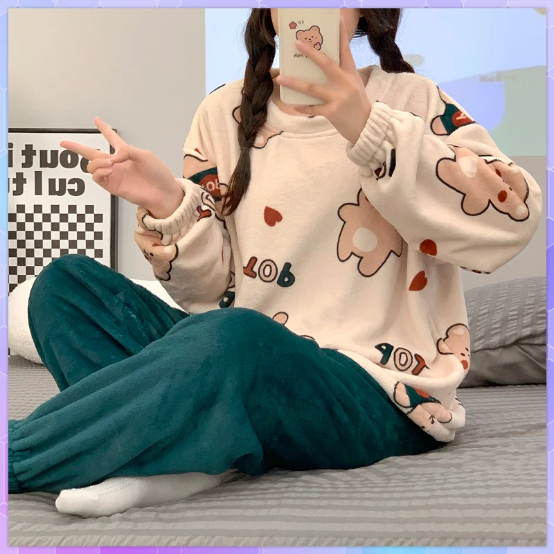 Winter Flannel Sleepwear Women\'s Pajamas Set Thickening Home Clothes Round Neck Long Sleeve 2 Pieces Set Cute Printing Home Suit