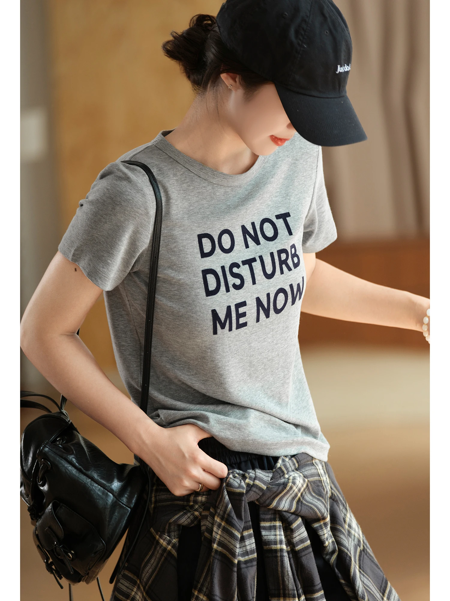 Soft Skin-Friendly Cotton Heavyweight Flocking Letter Print round Neck Short Sleeve T-Shirt Casual Style Women's Top