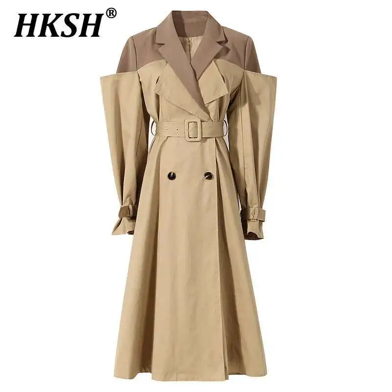 

HKSH Fake Two-piece Notched Collar Windbreaker Women's Tide Medium Length Knee Autumn New Design Waist Closing Coat Dress HK3586
