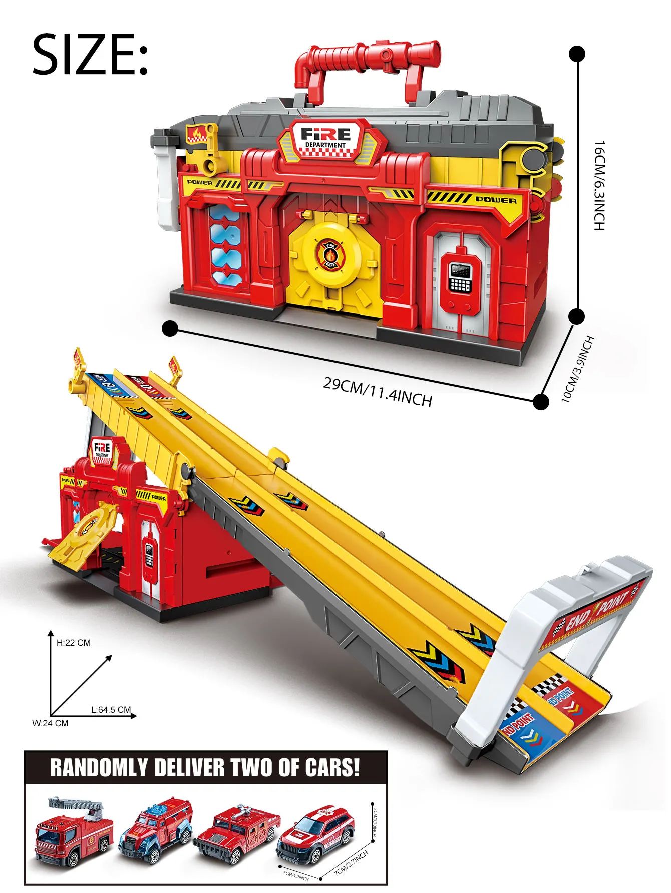 O brinquedo do carro do trilho do departamento de bombeiros da cidade para crianças, trilho dobrável da catapulta do armazenamento, 2in 1, pode ser construído em um estacionamento