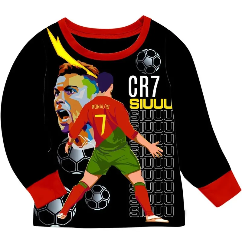 Roupas infantis menino meninas estrela de futebol pijamas camiseta calças 2 pçs confortável mangas compridas homewear siuuu cr7s crianças roupas