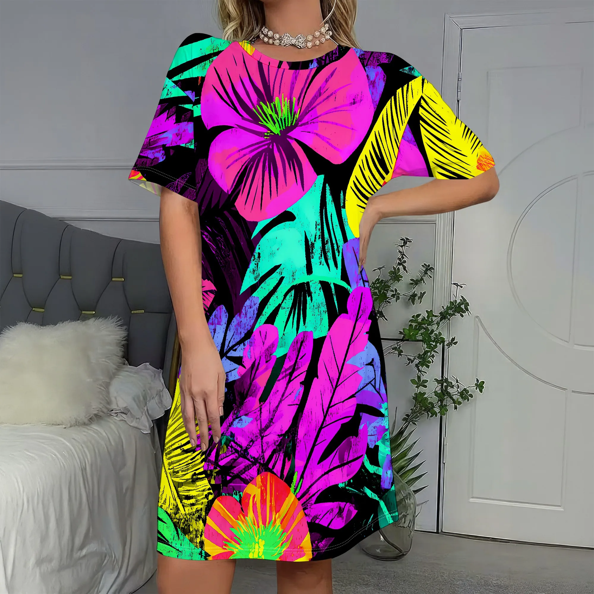 

Neon Hibiscus Dress, Tropical Print T-Shirt Dress, Vibrant Floral Pattern, Colorful Leaf Design, Beach Vacation Wear, S-2XL