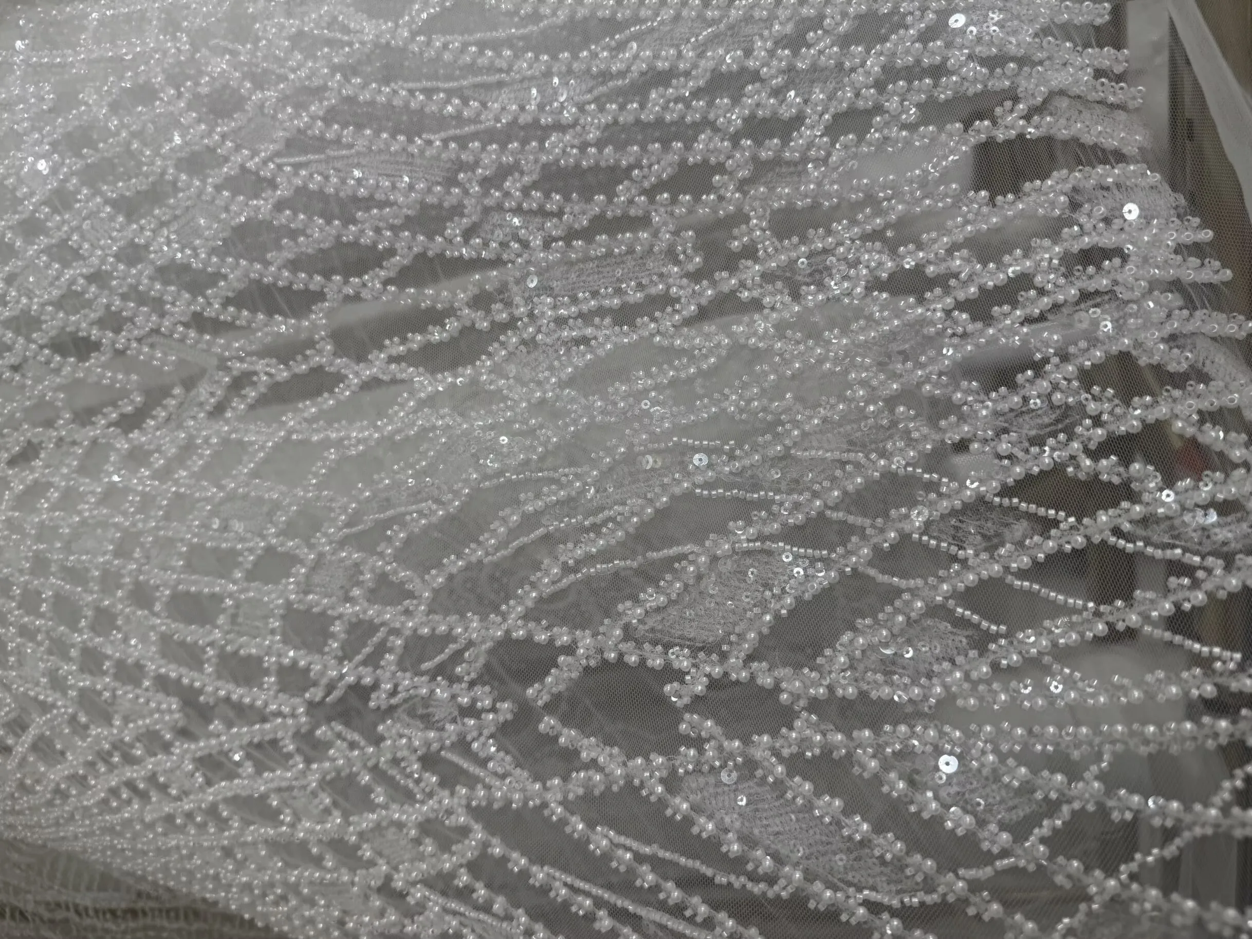 Plaid Beaded Bubble Embroidered Tube Material Accessories Bridal Gown Mesh Wedding Dress Transparent Sequin Fabric