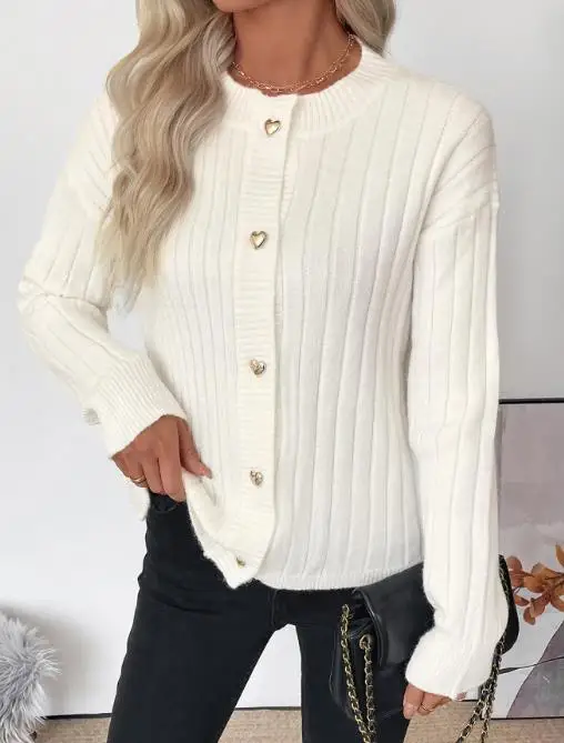 خريف جديد بلون جولة الرقبة حفرة قطاع محبوك الحب زر الجبهة سترة معطف للنساء معطف محبوك أنيق وبسيط #5