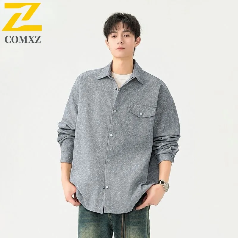 

COMXZ Men Jacket Single Breasted Turndown Collar Riding Windproof Coats Print Design Streetwear Comfort Autumn Man Clothes
