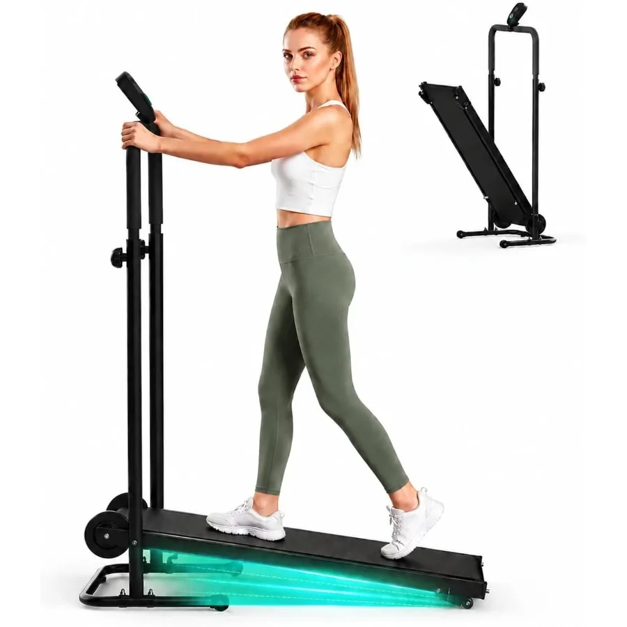 Home manual treadmill with dual flywheel and incline adjustment for indoor cardio workouts, black steel frame, smooth non-elect