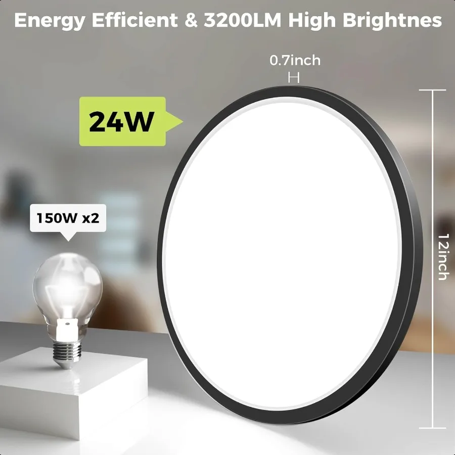 LED Flush Mount Ceiling Light Fixture 12Inch 24W 3000K 3500K 4000K 5000K 6500K Modern Black