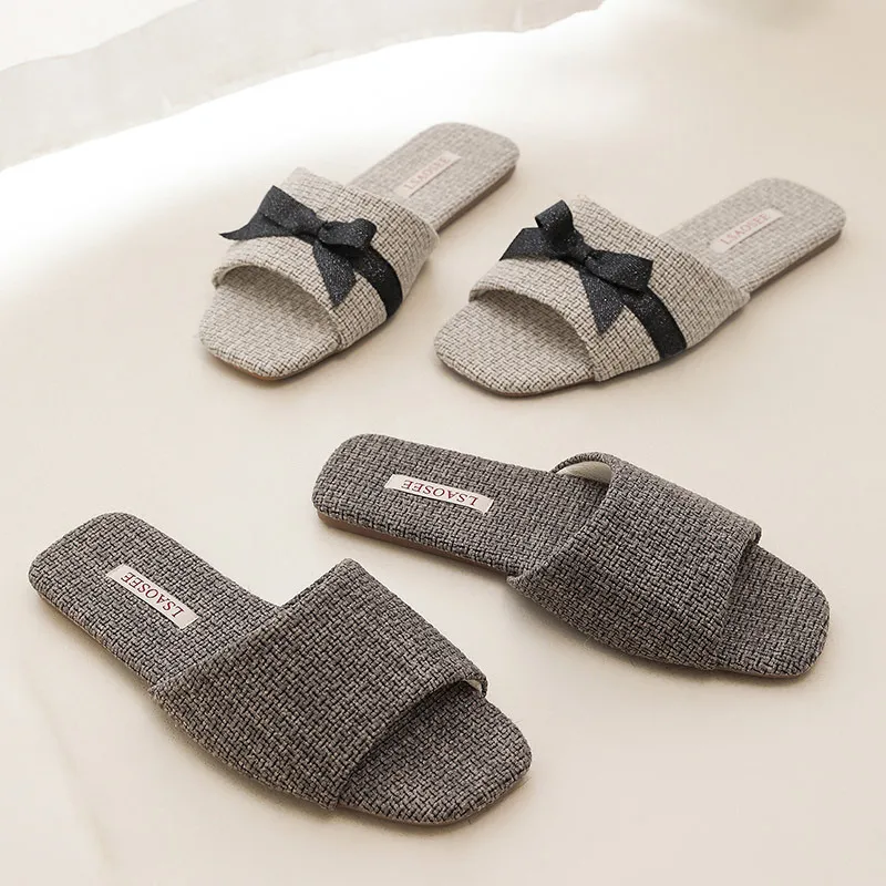 

Four - Season Linen Unisex Home Slippers Elegant Open - Toe Ladies Slippers Non - Slip Rubber Sole for Couples