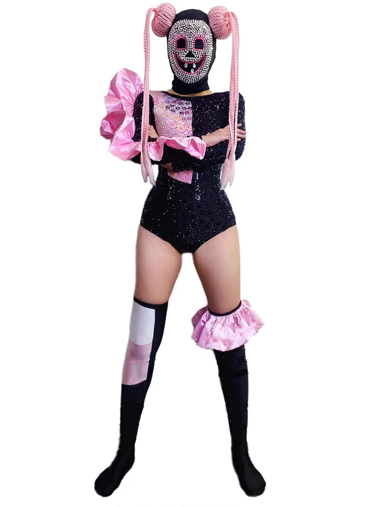 Ladies Rave Party Dance Costume Rhinestone Bodysuit Scary Halloween Headwear Pole Dance Clothing Stage Performance Wear