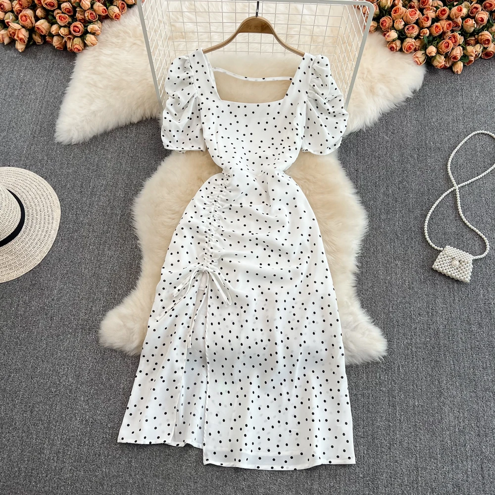 Women\'s Square Collar Drawstring Puff Sleeve Dress Summer Mid Length Slit Polka Dot Vestidos Elegant A-line Female Party Dress