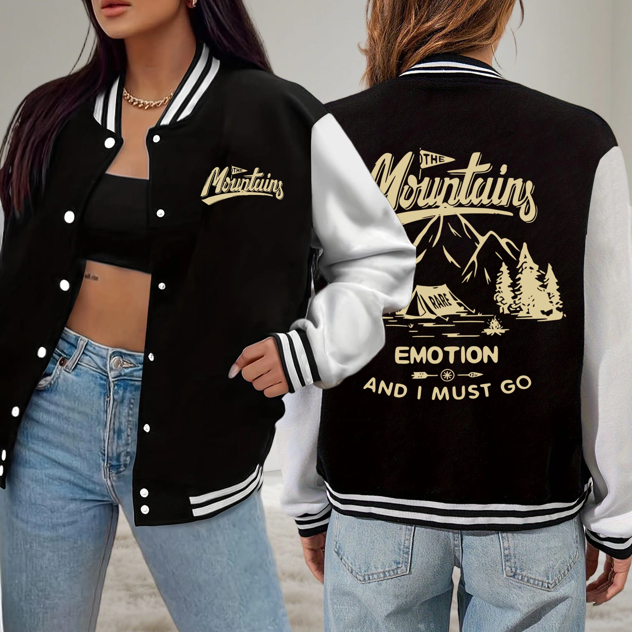 

Mountains Go Camping Emotion Design Women Baseball Uniform Loose Casual Jackets Street Fleece Streetwear Y2K Button Clothes