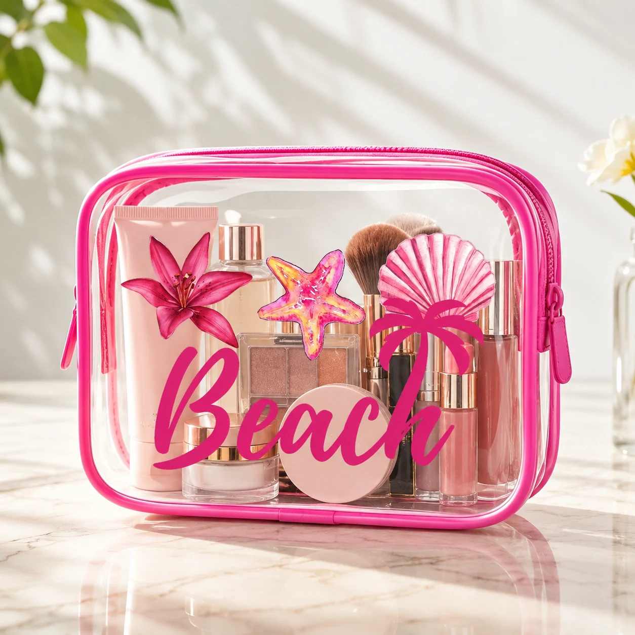 Pink Beach Print Clear PVC Makeup Bag, Waterproof Travel Cosmetic Organizer Pouch for Women Toiletry Skincare Storage