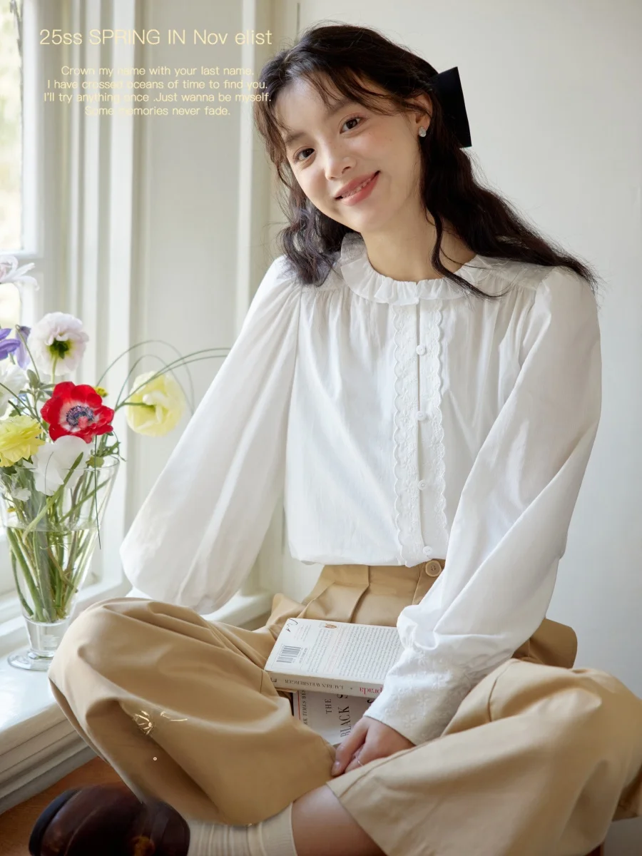 

Nov Et White irt Women's Moon Tooth Embroidery Small Lotus Le New Sle Loose Fit Bubble Sve Cotton Blend