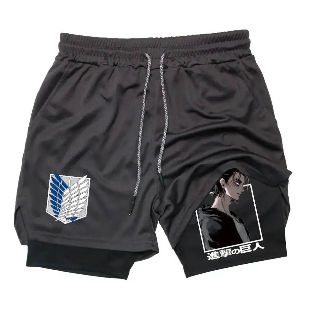 شورت رياضي من مجموعة Attack on Titan - طباعة شخصية الرسوم المتحركة مع رباط قابل للتعديل وشعار جناح