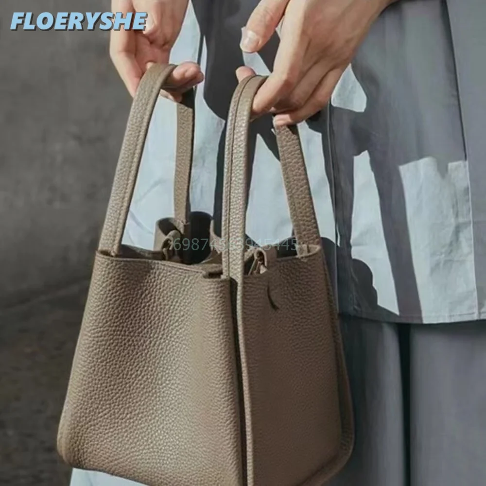 Medium Genuine Leather Bucket Bag Square Design Large Capacity Commuter Handbag 2024 New Niche Solid Women Bags Minimalist