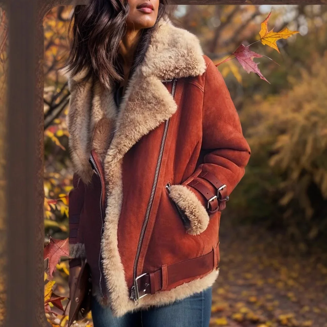 

Women's Motorcycle Suede Jacket Lapel Fur Cotton Coat Lamb Wool Autumn Winter Warm Fashionable Outerwear