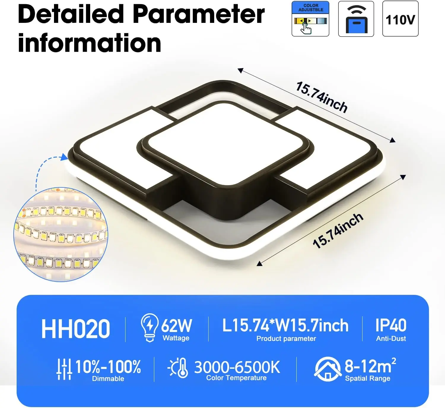 Luminária de teto embutida LED regulável de 62 W com controle remoto, 300