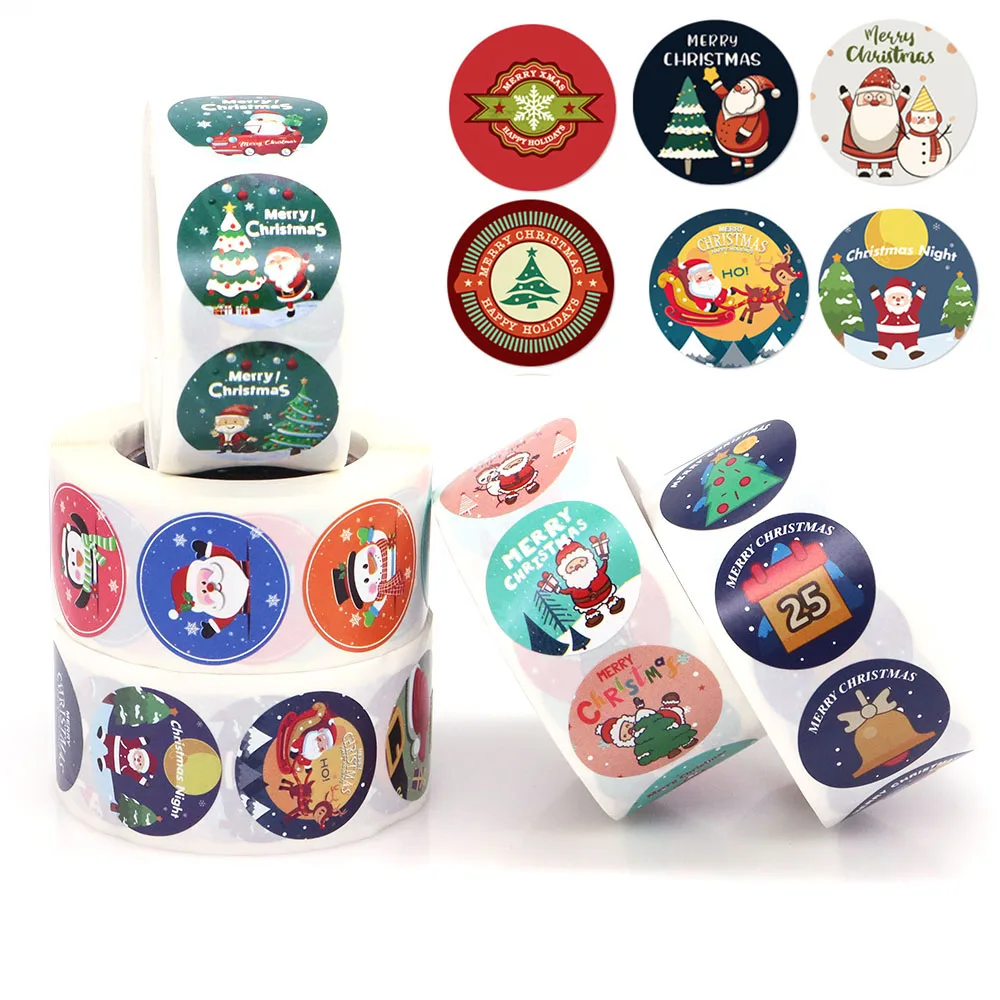 500 Stück/Rolle Happy Christmas Elks Schneemann-Aufkleber, 2,5 cm/1,0 Zoll, glattes Frohe Weihnachtsdekorationsetikett, perfekt zum Dekorieren von Geschenken