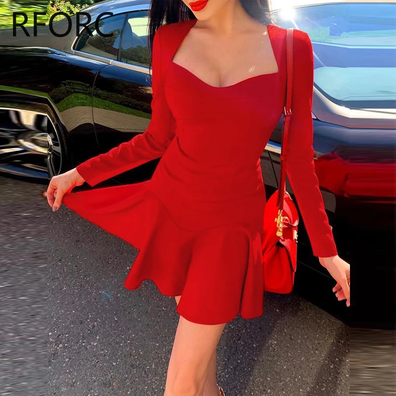 2023 Women Solid Long Sleeves Skinny Ruffle Hem Mini Bodycon Formal Party Red Dress