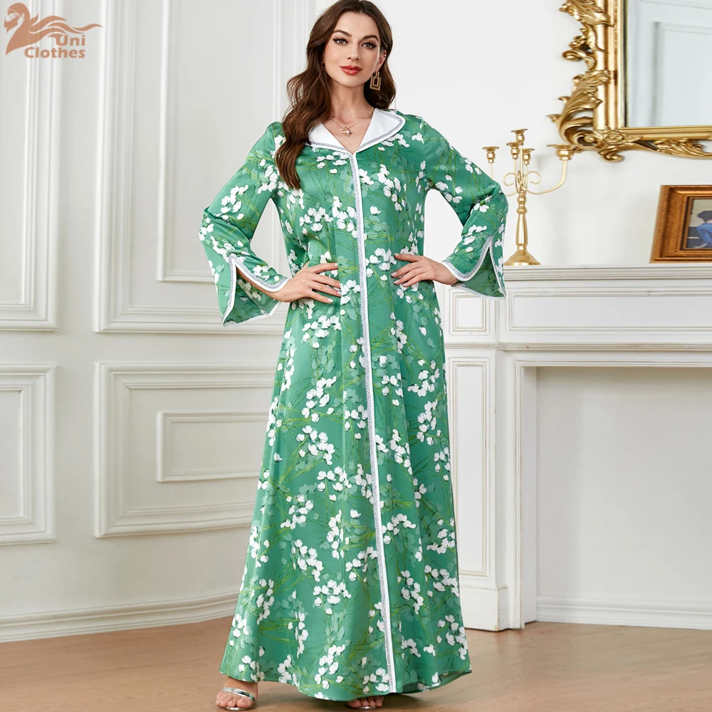 Ramadan Eid Muslim Abaya for Women Party Dresses Flower Print Vestidos Morocco Kaftan Dubai Islam Abayas Jalabiya Long Robe 2024