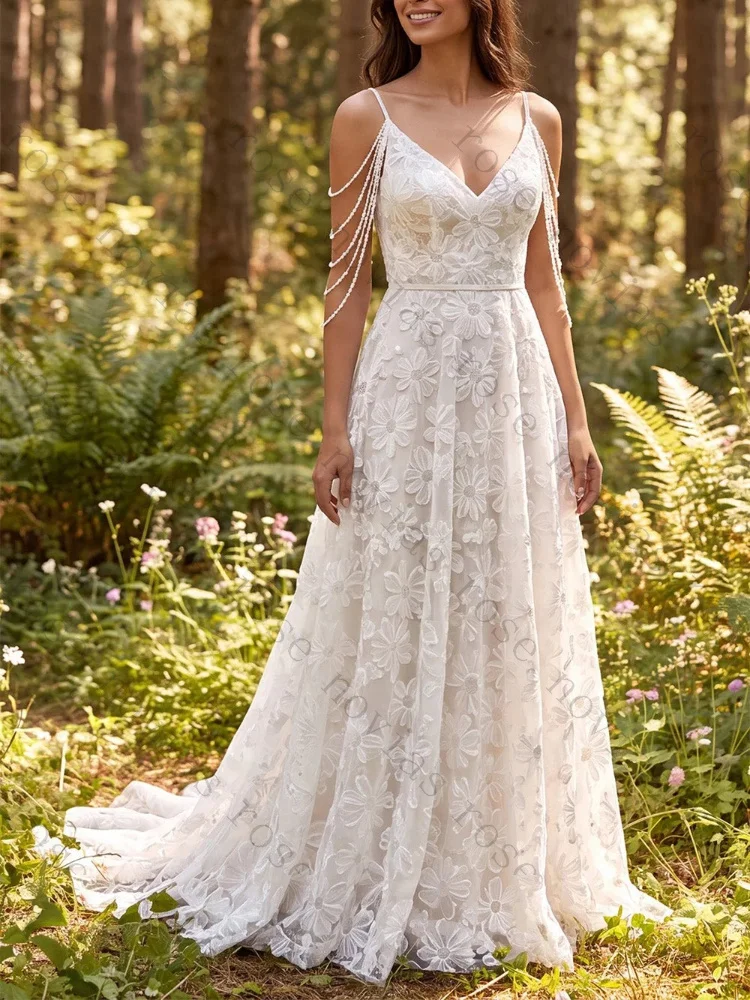 Customized Ivory Floral A-Line V-Neck Sleeveless Wedding Dresses Elegant Backless Celebrity Dress High Quality Prom Party Gowns