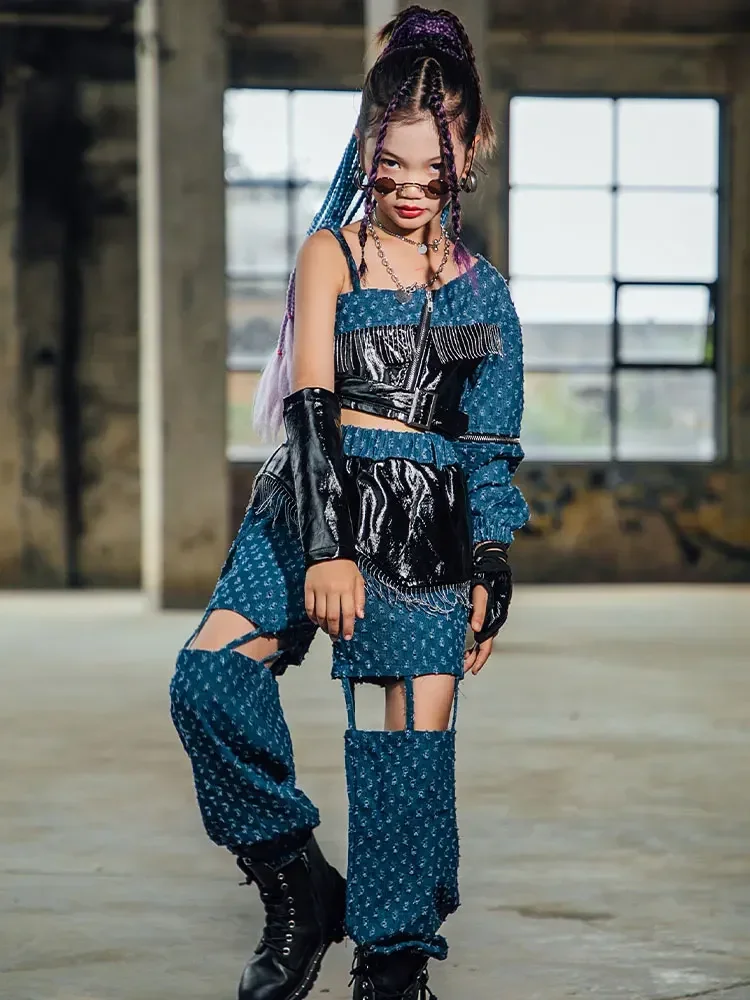 

K-pop Stage Outfits Urban Dance Girl Clothes Blue and Black Hollow-carved Design Jazz Hip-hop Catwalk Performance Costume