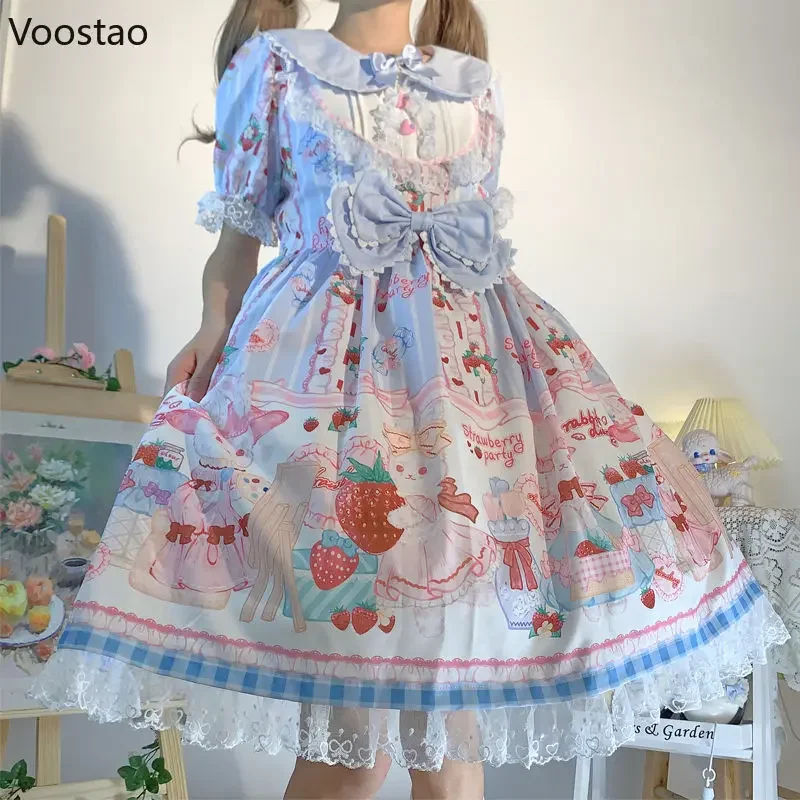 Dolce giapponese Lolita OP vestito estivo ragazze carino fiocco di pizzo fragola coniglietto tea party abiti donna Harajuku Kawaii Chic abiti