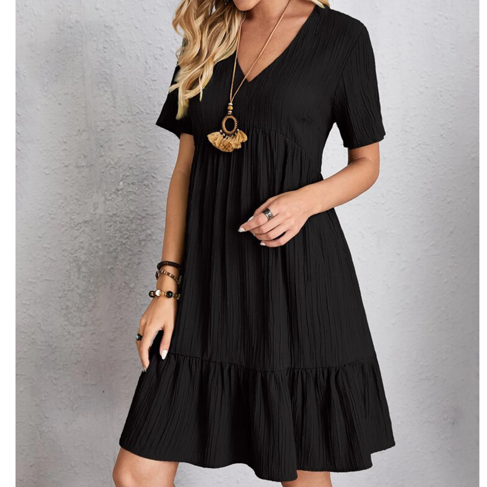 Summer Loose Casual Short-Sleeved Dress Women Oversize Solid Color Daily Dress Gift for Christmas Birthday