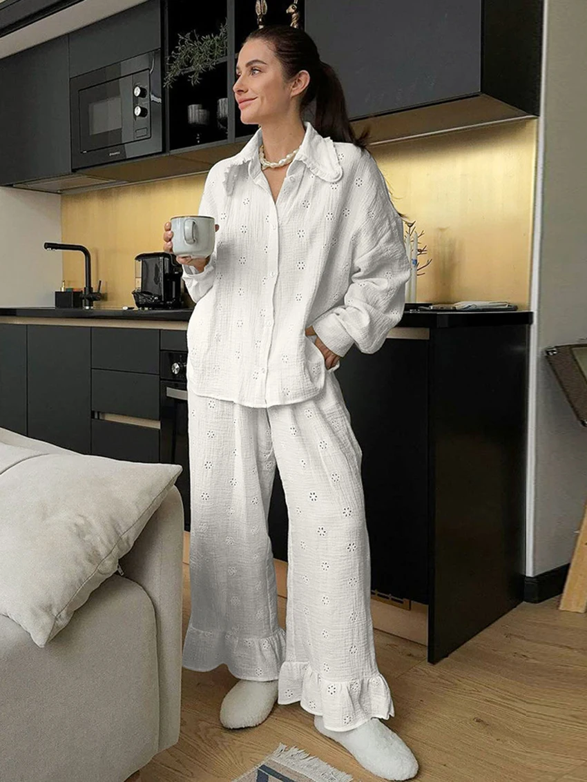 

Marthaqiqi Cotton Female Nightgowns Suit Long Sleeve Sleepwear Turn-Down Collar Pajama Wide Leg Pants Causal Women Nightwear Set