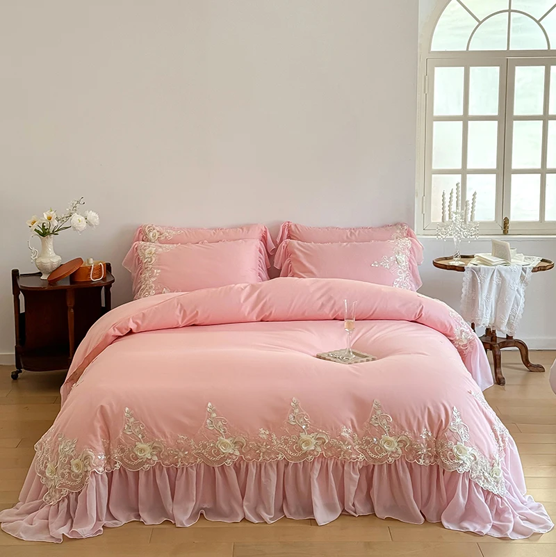 Elegant Lace Rose Embroidery Bedding Sets Korean Style Luxury 100% Cotton Pink Princess Ruffle Quilt Cover Bed Skirt Pillowcases