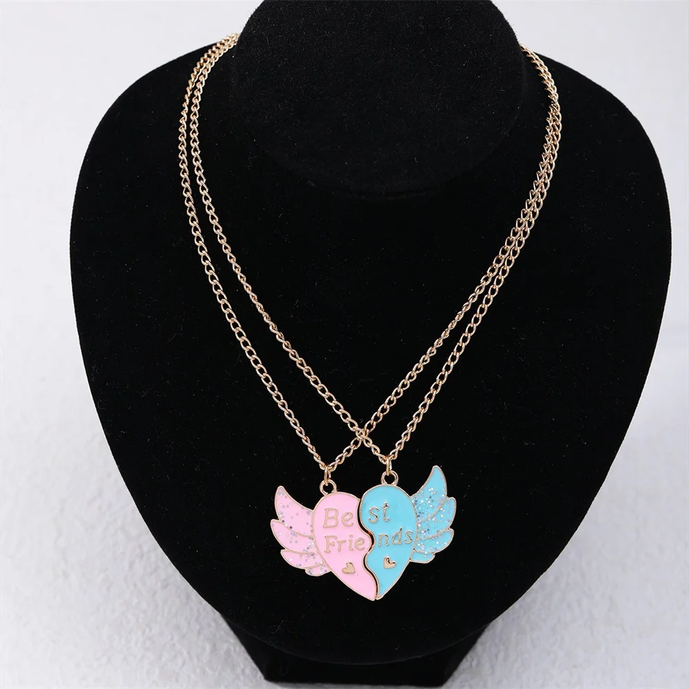 Magnetism Heart Pandent Necklace for Best Friends Fashion Bling Wing Stitching Pink Heart Couple Necklace Fine Jewelry for Women