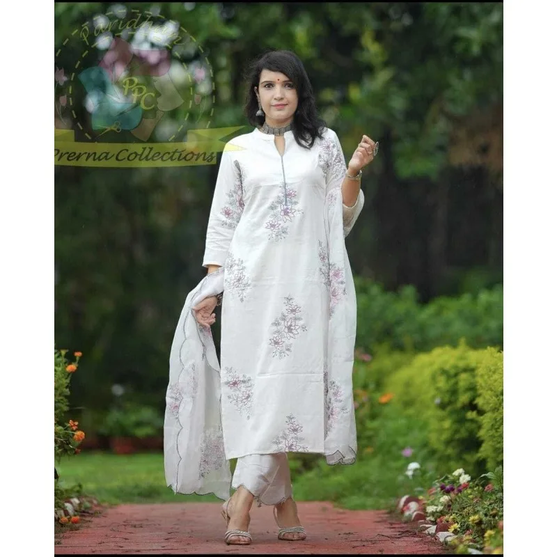 Stylish Rayon Fabric Indian Women Printed Salwar Kurti Pant and Organza Dupatta