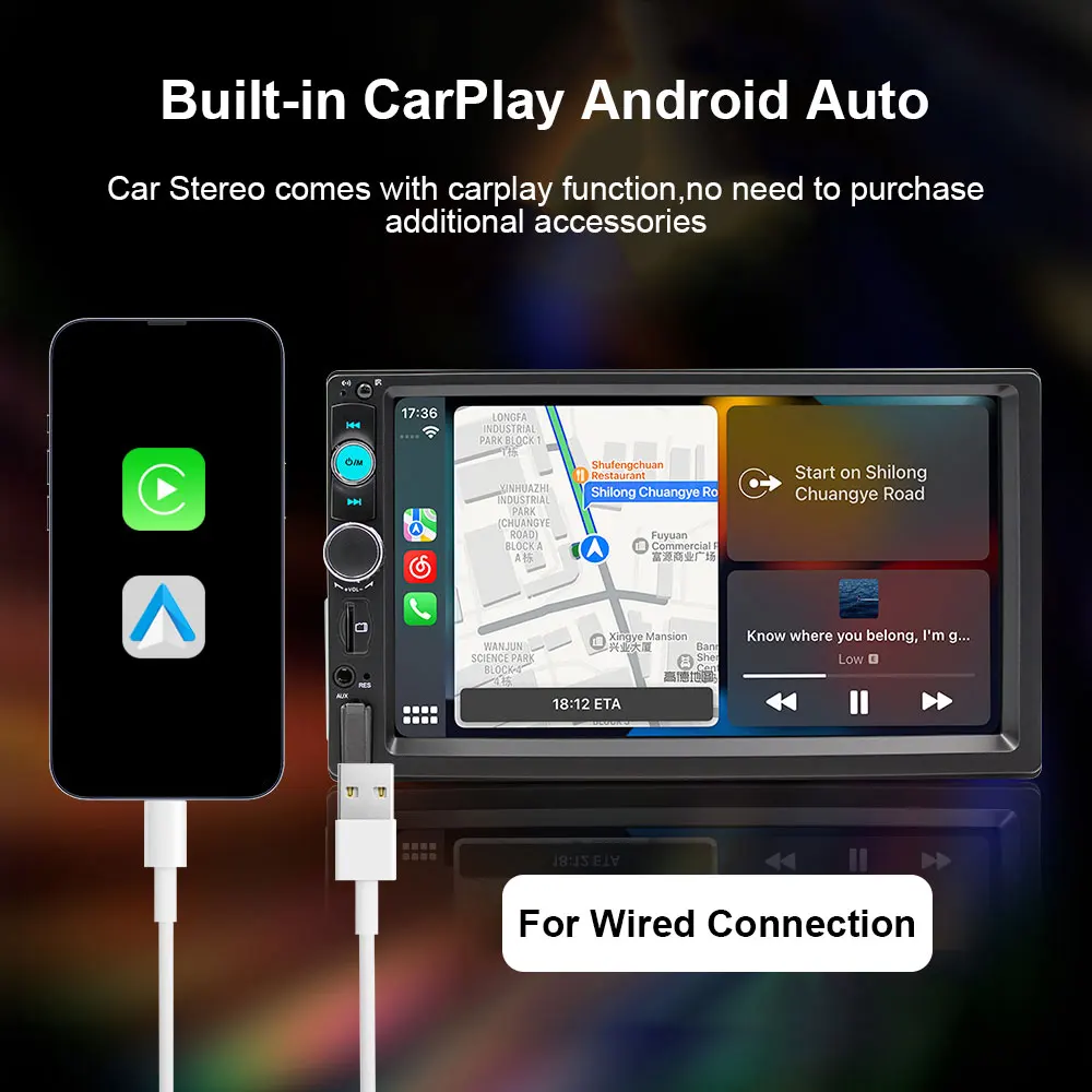7 Inch Universal 1Din IPS Touch Screen Car Stereo Radio Wired Carplay Android Auto Car Bluetooth Multimedia Player FM USB Aux-in