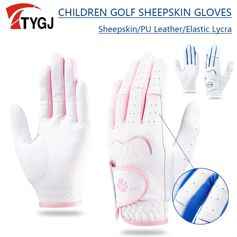 

TTYGJ 1 Pair Left and Right Hand Golf Gloves Children Sheepskin Golf Mittens Kids Genuine Leather Sports Gloves Non-slip Mitten