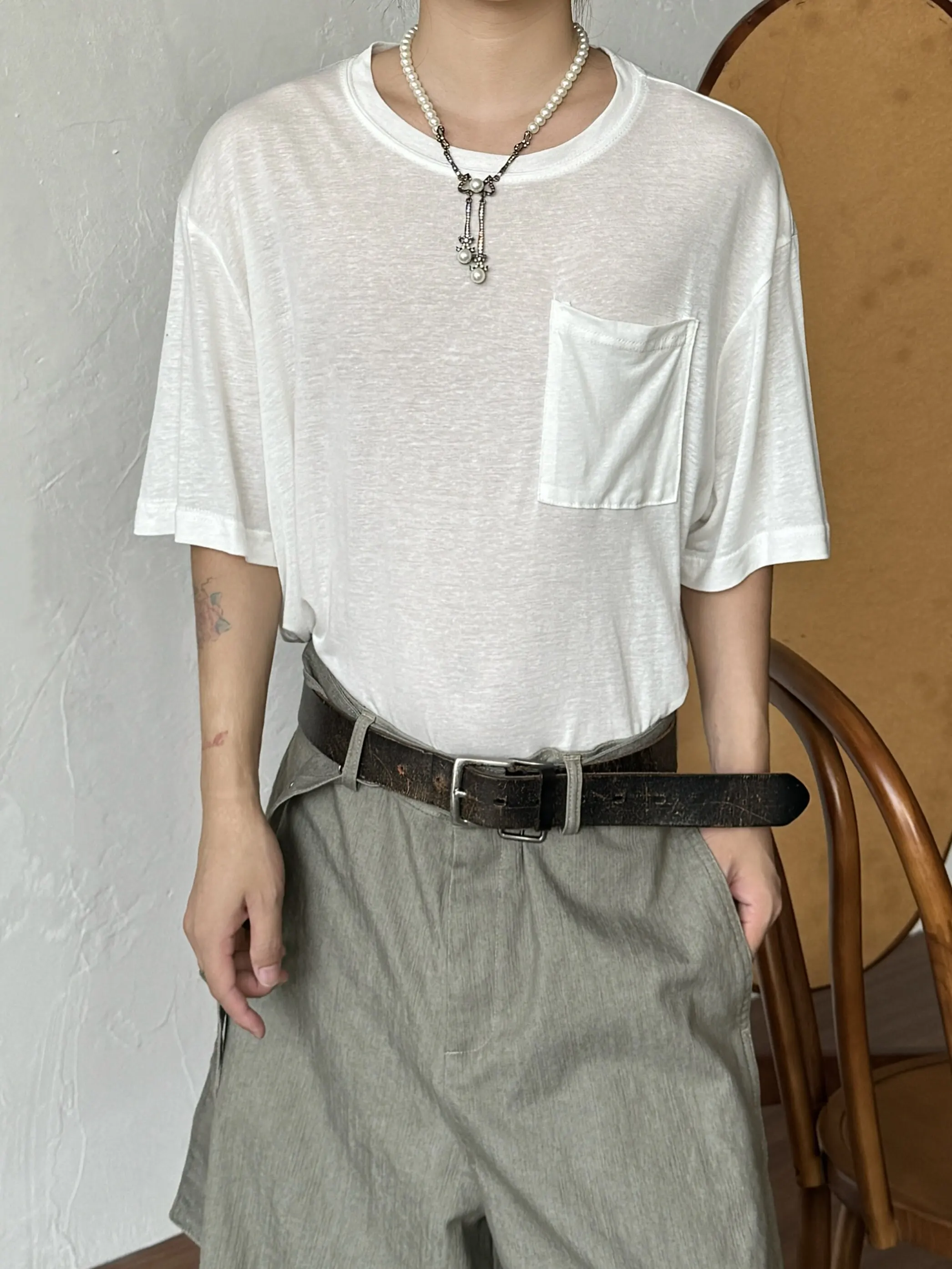 Retro Japanese Style Pure Color Skin-friendly Micro-translucent round Neck Short Sleeve T-shirt Unisex Summer Loose Top