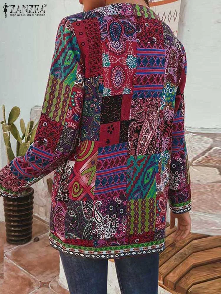 ZANZEA 2024 Autunno Donna Giubbotti Casual Stampa etnica Aperto sul davanti Cardigan della Boemia Top O Collo Manica lunga Foderato vintage Capispalla