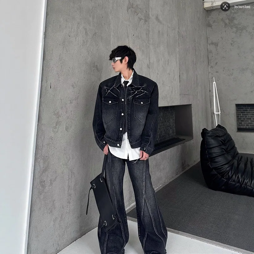 

Spring and Autumn New Product: Unique Design Water Ripple Denim Set with Padded Shoulder Jacket and Denim Trousers