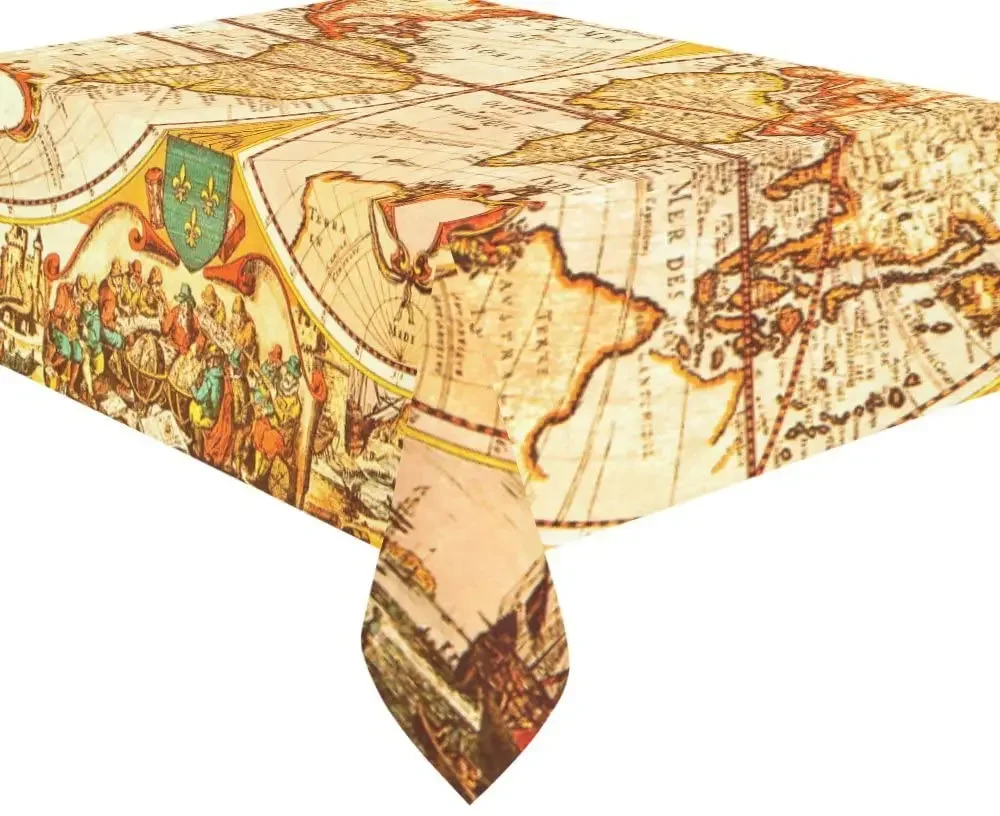 Antique World Map Globe Art Cotton Linen Watercolor Retro Desk Table Cloth Cover for Wedding Holiday Party Decoration