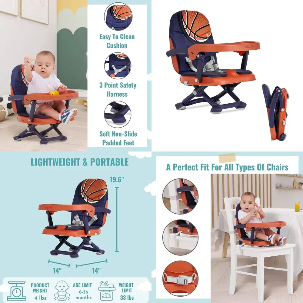 

3-in-1 Portable High Chair for Babies 6-36 Months, Adjustable Height, Lightweight, 3-Point Safety Harness, Easy Fold - Orange