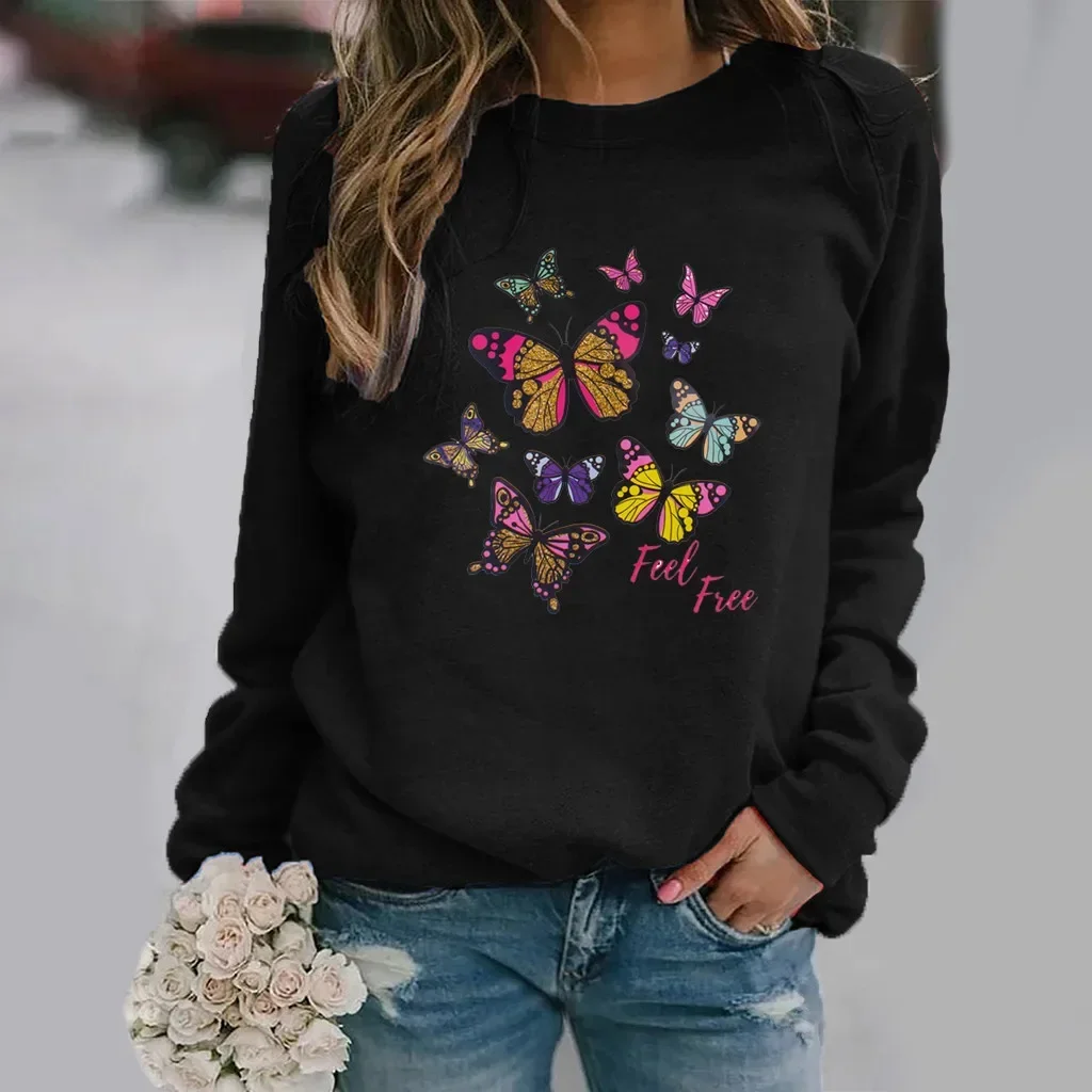 Butterfly Print Long-sleeved Crew-neck Hoodie Woman Streetwear Women  Sweatshirt  Aesthetic  Sweatshirts