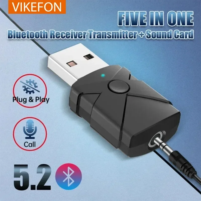 VIKEFON USB Bluetooth 5.2 Receiver Transmitter 5 in 1 Wireless Audio Adapter Sound Card 3.5mm Aux Music for TV Computer Speaker