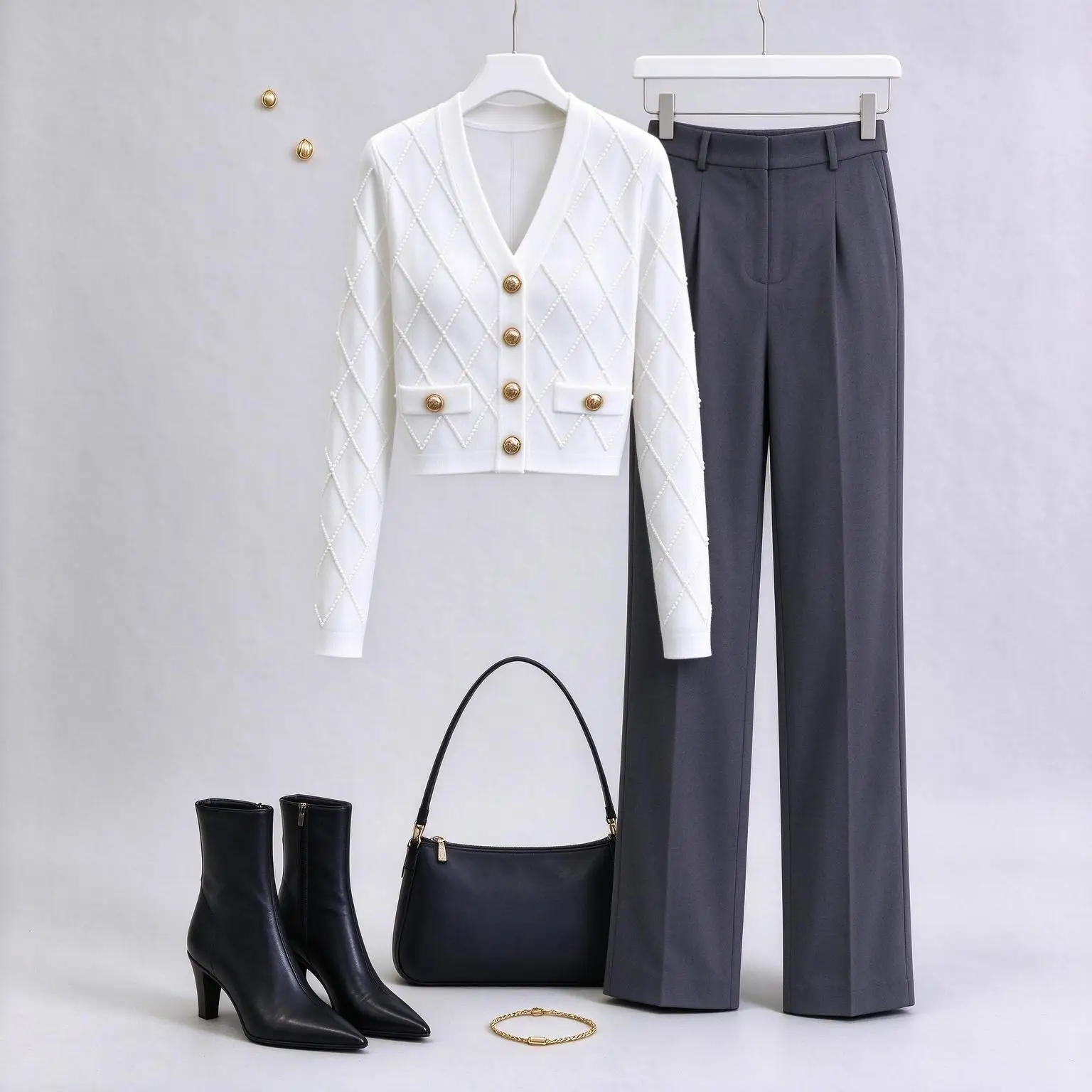 Women's V-Neck Diamond Knit Cardigan Golden Button Cropped Elegant Sweater Coat