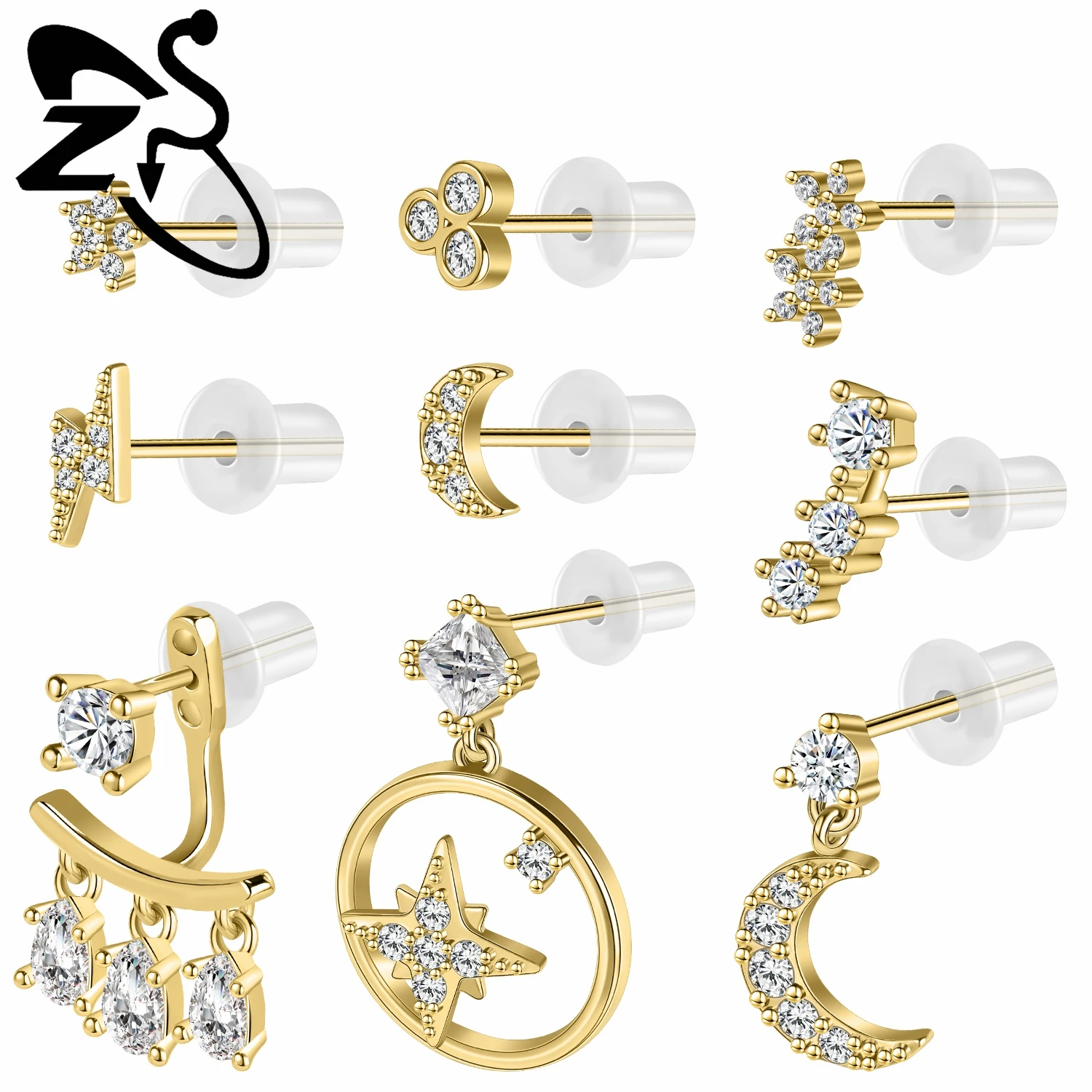 

ZS 0.7MM 1 PC 925 Sterling Silver Ear Studs Women CZ Crystal Stud Earrings Star Moon Circle Lighting Helix Lobe Piercing Jewelry