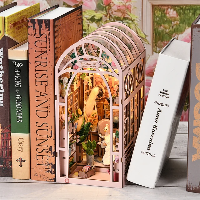 Zestaw Nooków do Książek Szklarnia Pokój Światła Słoneczne Domek dla Lalek Booknook 3D Drewniane Puzzle Miniaturowy Domek dla Lalek Do Półki Na Książki Włóż Meble