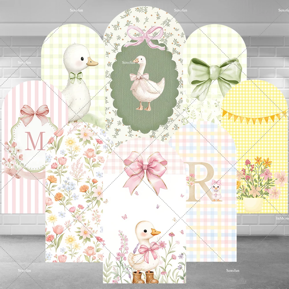 Cute Silly Goose Arch Backdrop Pink Yellow Green Grids Girl Baby Shower 1st Birthday Party Arched Background Banner Decoration